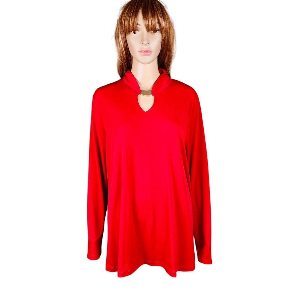 New Susan Graver Liquid Knit Long Sleeve High Neck Red Top Size L